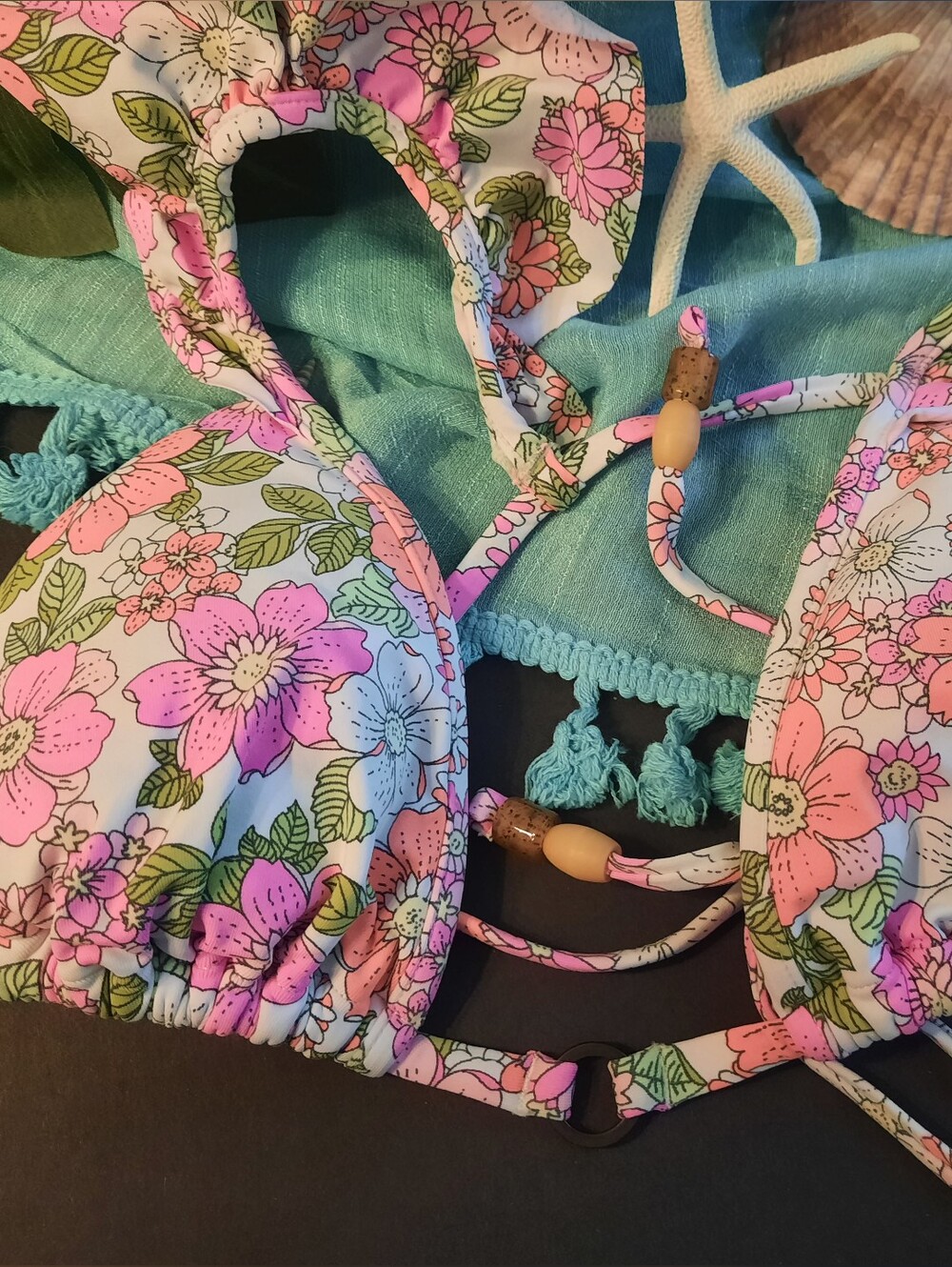 Maaji Pink Floral Bikini Top w/shoulder Ruffle & Multi Media Details